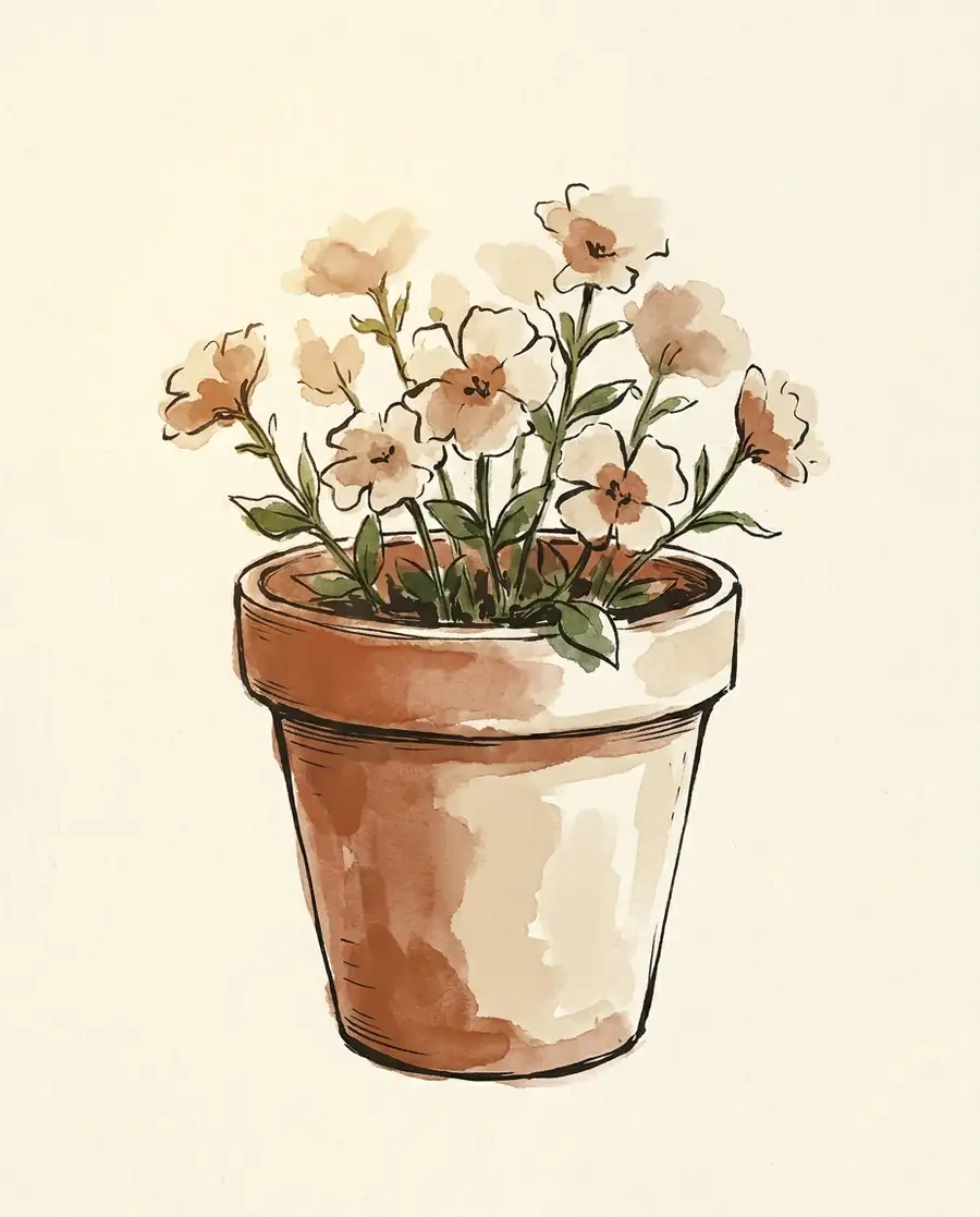 Illustrated terracotta flower pot filled with flowering annuals, painted in warm ink-wash and gouache.