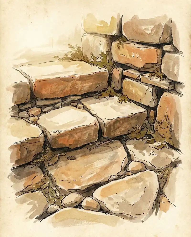 Close-up illustrated study of dry-stacked stone and paver-edge texture, in warm ink-wash and gouache.
