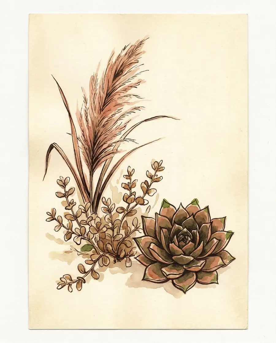 Hand-illustrated botanical study of drought-adapted plants: an ornamental grass, a low shrub and a succulent rosette, in ink-wash and gouache.